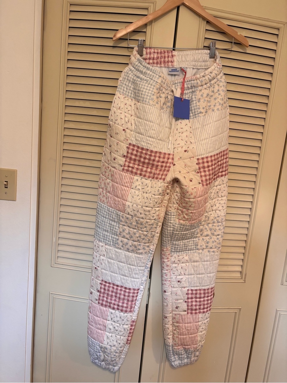 Inner Grandma Quilted Jersey Patchwork Joggers - pants Pink & Cream S NWT